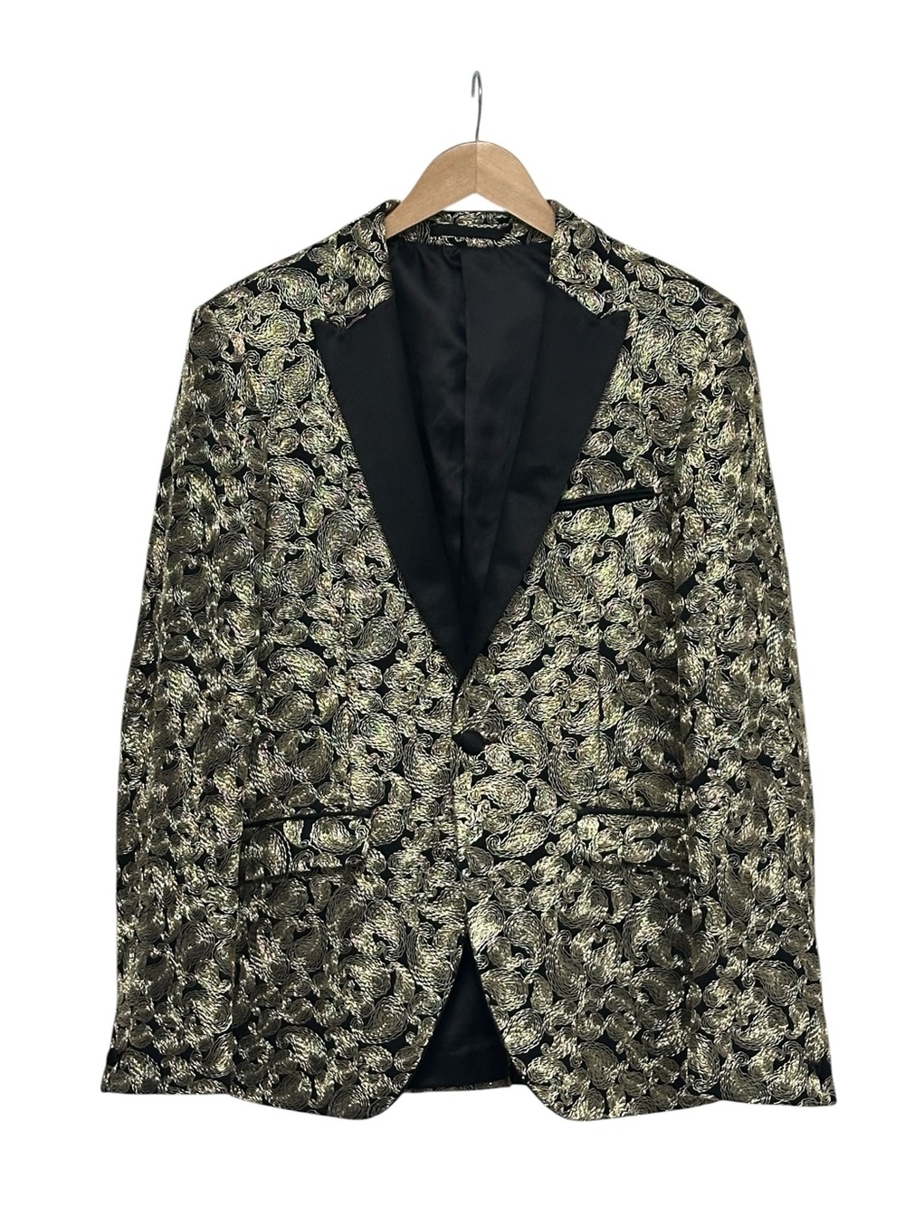 Topman Men’s Black Tuxedo Jacket Allover Gold Paisley Embroidery Peak Lapel 38R